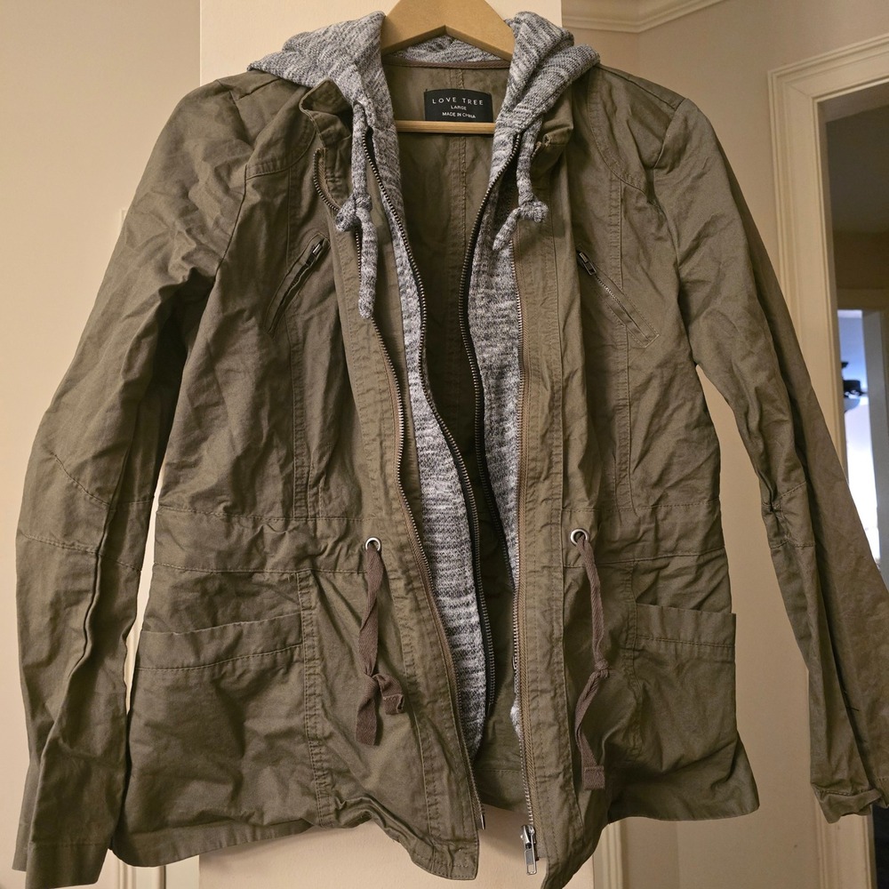 LOVE TREE Olive Green Utility Jacket with Faux Hoodie Layer L